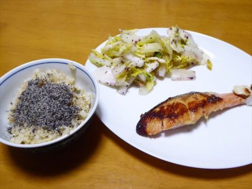 白い皿に白菜と鮭を盛り、茶碗には玄米が盛ってあるところ