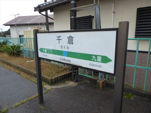 ホームにある千倉駅の看板