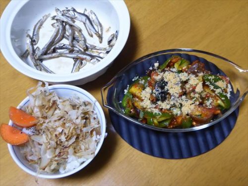 グラタン皿に入った野菜と大豆ミートトマトソース焼きや茶碗に鰹節がのった白米など