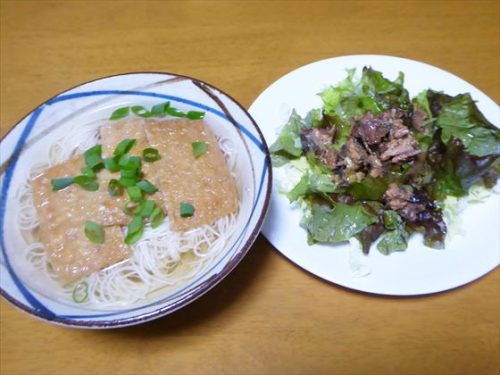にゅうめん（甘揚げ・リボベジねぎ）、収穫したサニーレタスサラダ（千切りキャベツ・イワシの缶詰）