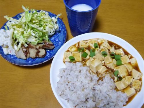 肉なし麻婆豆腐、5分づき米おじや（鰹節）、キャベツの甘酢漬け、菊芋の甘酢漬け、酒粕甘酒
