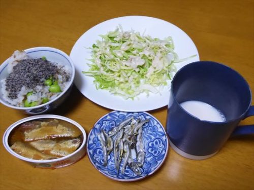 イワシ缶、5分づき米おじや（すりごま・鰹節・枝豆）、千切りキャベツ（手作りドレッシング）、煮干しの酢漬け、酒粕甘酒